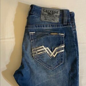 Salvage Indigo Denim Jeans with Embroidered Pocket Like New Buckle